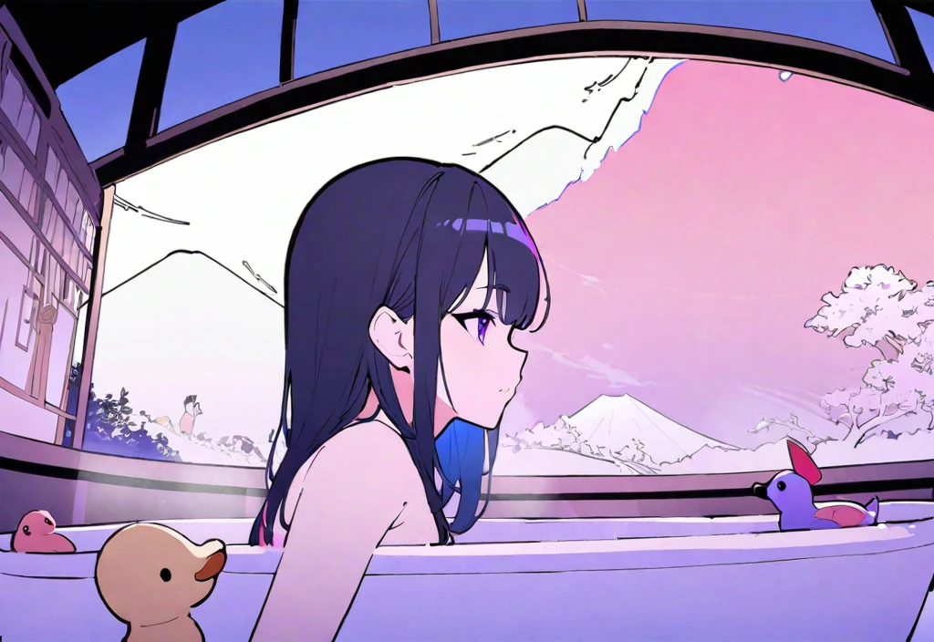 koseki-bijou/(Hololive/),(Flat Color:1.1), (colorful:1.3), (masterpiece:1.2), Highest quality, masterpiece, original, Highly detailed wallpaper, View your audience, One Girl, Cat ear、Black Hair、Shortcuts、、alone, Enter the bathhouse、Soak in a spacious bathtub、Mount Fuji painting、Duck toys、Dachshund Dog、front