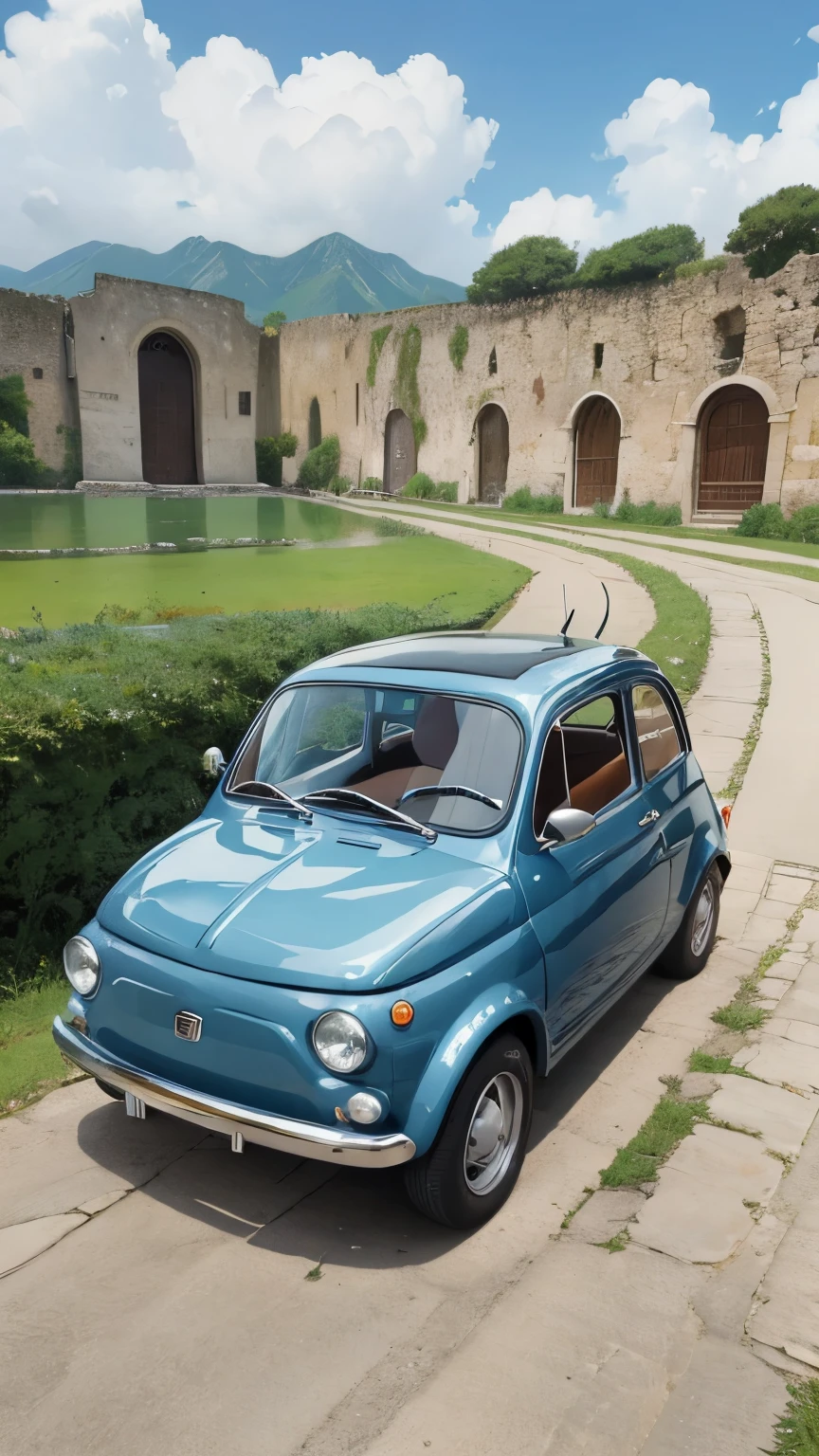 (masterpiece:1.2, Highest quality),(Very detailed),(((Anime Style))),8K,wallpaper,Fiat 500,Run,Castle of Cagliostro,blue sky,(((Ghibli style))),Dynamic Movement