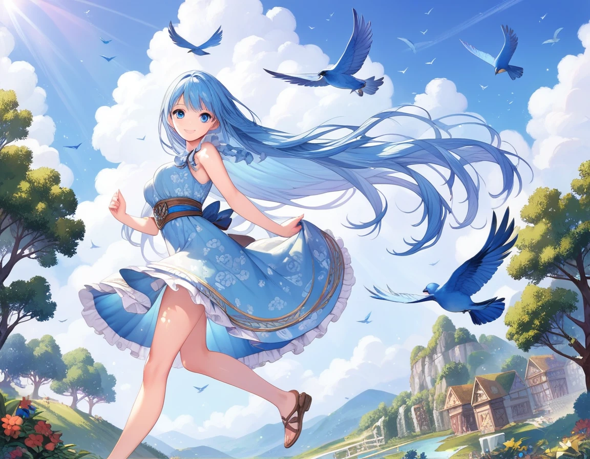(8K, best quality, master piece: 1.2), super high resolution,1girl,16yo,ultra-detailed face, detailed eyes,Very long hair,blue hair,the girl is walking in the air straddling and riding on a large blue bird,enjoy,smile,Wearing floral pattern blue ruffle dress,The blue bird is big and graceful and carrying a dwarf girl on its back,above the sky,crepuscular rays,Blue sky,aerial shot