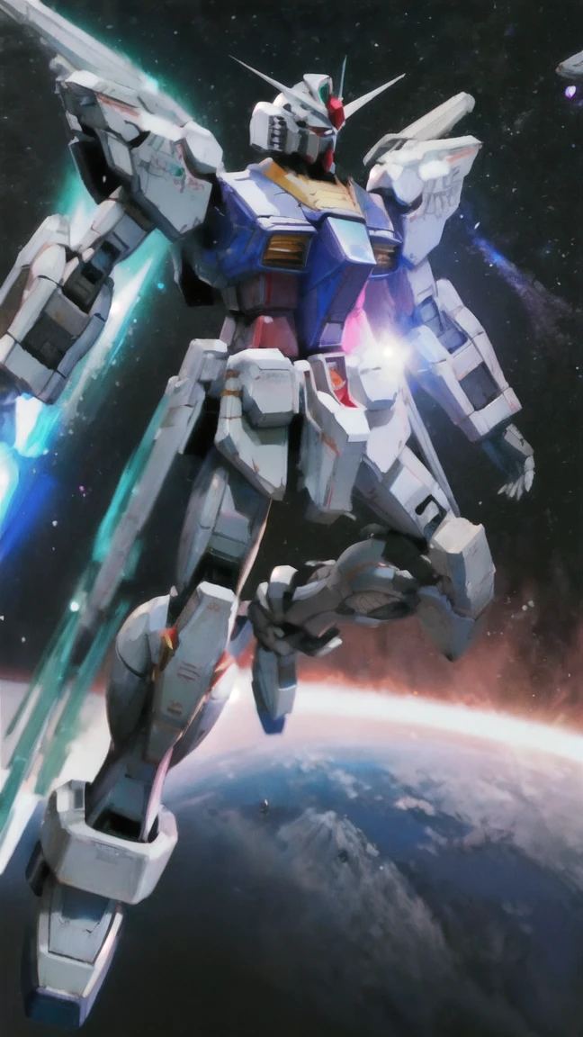 Real、The Mighty Strike Freedom Gundam flies through space, emitting light particles.、The entire aircraft is enveloped in light.