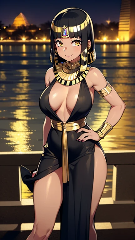4K quality, (sexy black woman), (great smile), ((standing, hand on hip)), ((black and gold egyptian dress)), ((black and gold egyptian hair)), ((gold eyes)), ((darkskin)), thick-thighs, large breasted, big-ass, (gazing at viewer), (((in the black and gold Egyptian city))), (night time), ((egyptian city background)) wearing a sensual dress and wearing lots of jewelry, ((short dress))