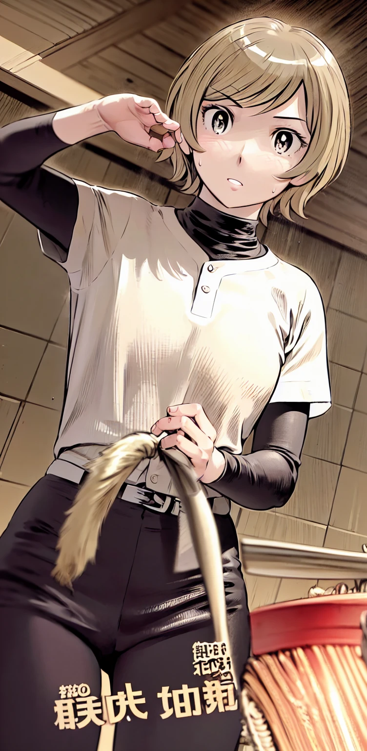 、(masterpiece、Highest quality)、Highest quality, Ultra-high resolution, (((masterpiece))), alone, Sweat、Big eyes,Show Viewer, 
blonde,(short hair:1.2), 
(Baseball uniforms:1.2), (Highest quality:1.3),One Girl,turtleneck、Black undershirt、School grounds