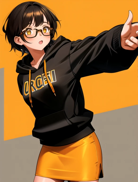 1girl, solo, 20 year old college student, she has tan-bronze skin with some freckles, short black hair with orange highlights, amber colored eyes, (Wearing a yellow hoodie, black pencil skirt and glasses), college background