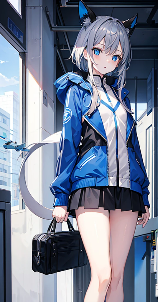 Girl，Gray Hair，Double tail，Blue Eyes。Blue jacket and white long sleeves，Black miniskirt for lower body，Technology，flat chest，Airplane anthropomorphism。