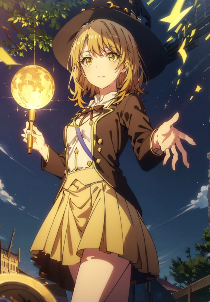 Irohaisshiki, isshiki iroha, Short Hair, Brown Hair, (Brown eyes:1.5), smile,((Night Sky)),((Big full moon)),((Sparkling and colorful stars)),Fluffy hair,((Idol style costume with soft volume)),Long skirt,Pointed shoes,Possessing a jeweled magic wand grip in his right hand,((witch)),Rubik&#39;s Square,So that the whole body goes into the illustration,
break outdoors, forest,forest
break looking at viewer,
break (masterpiece:1.2), Highest quality, High resolution, unity 8k wallpaper, (shape:0.8), (Narrow and beautiful eyes:1.6), Highly detailed face, Perfect lighting, Highly detailed CG, (Perfect hands, Perfect Anatomy),