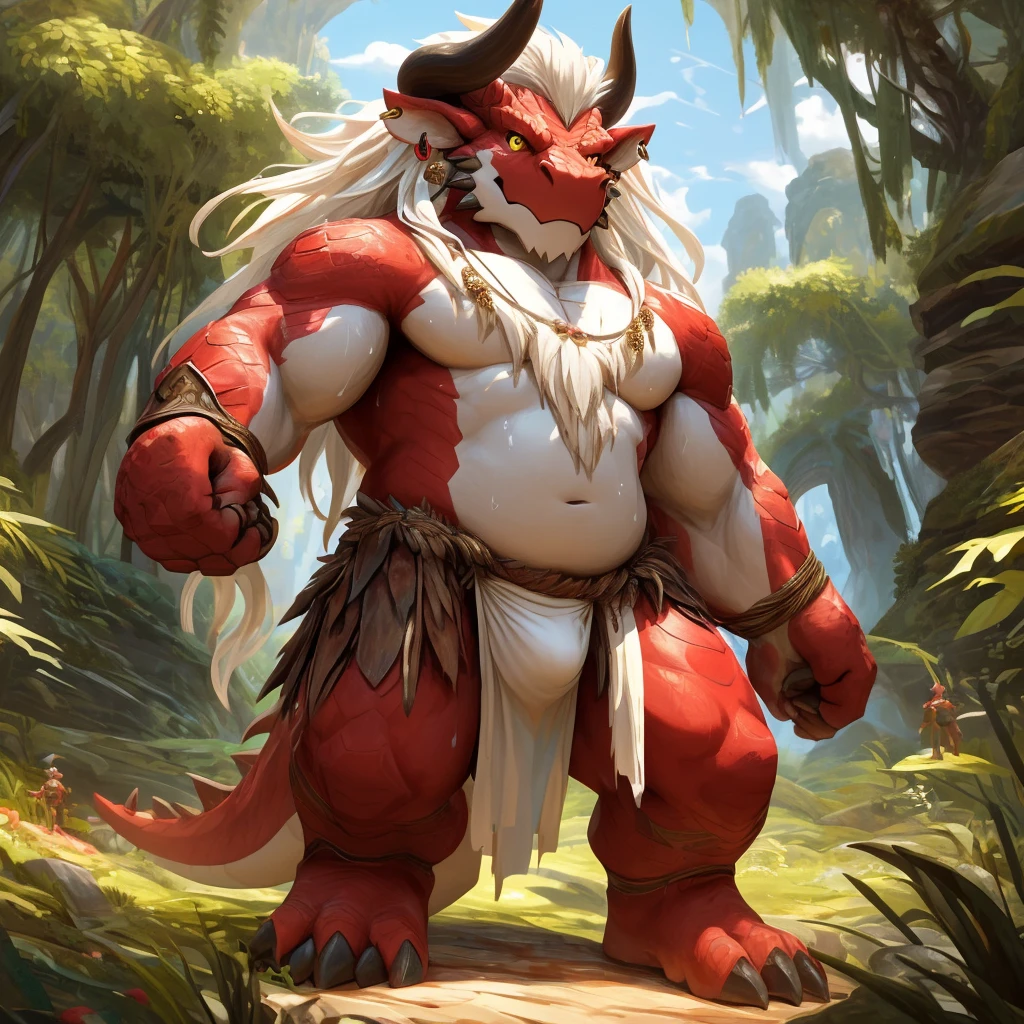 ultra-detailed, masterpiece, masterwork, high quality, best quality, hdr, (nature), nsfw, male, solo, chibi, dragon, ((nude, bulge loincloth, white loincloth)), (little red body minotaur), (white chubby body), (long golden hair, yellow eyes, cool eyes), standing, cross your arms, dynamic angle, earrings, sweat