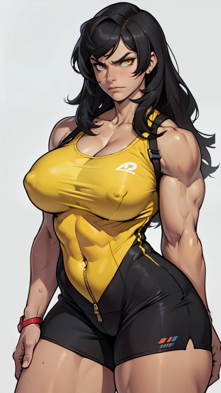 girl ((1girl)) pale skin (muscular) toned body thick thighs black hair yellow eyes long hair (grey background) bodybuilder frowning (tight romper) massive breasts thick thick thick thick thick