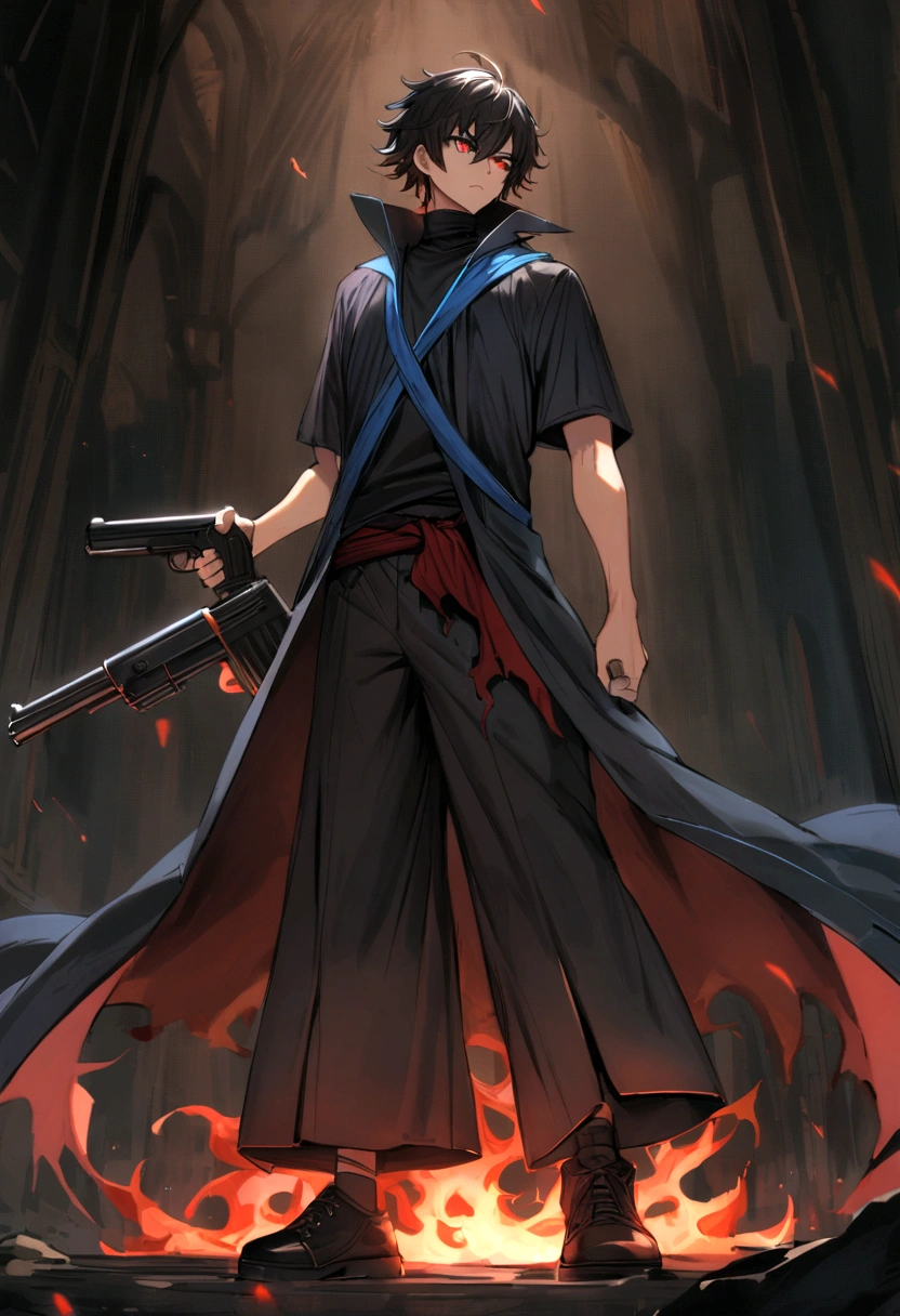 boy, big messy black hair with dark red bangs, black and red eyes, heterochromia, wide, loose-fitting black shirt at the neck, long coat with short sleeves and ripped at the bottom in black with reddish flames, black, wide pants that reach the shoes, shoes black, holding two black shotguns with blue details