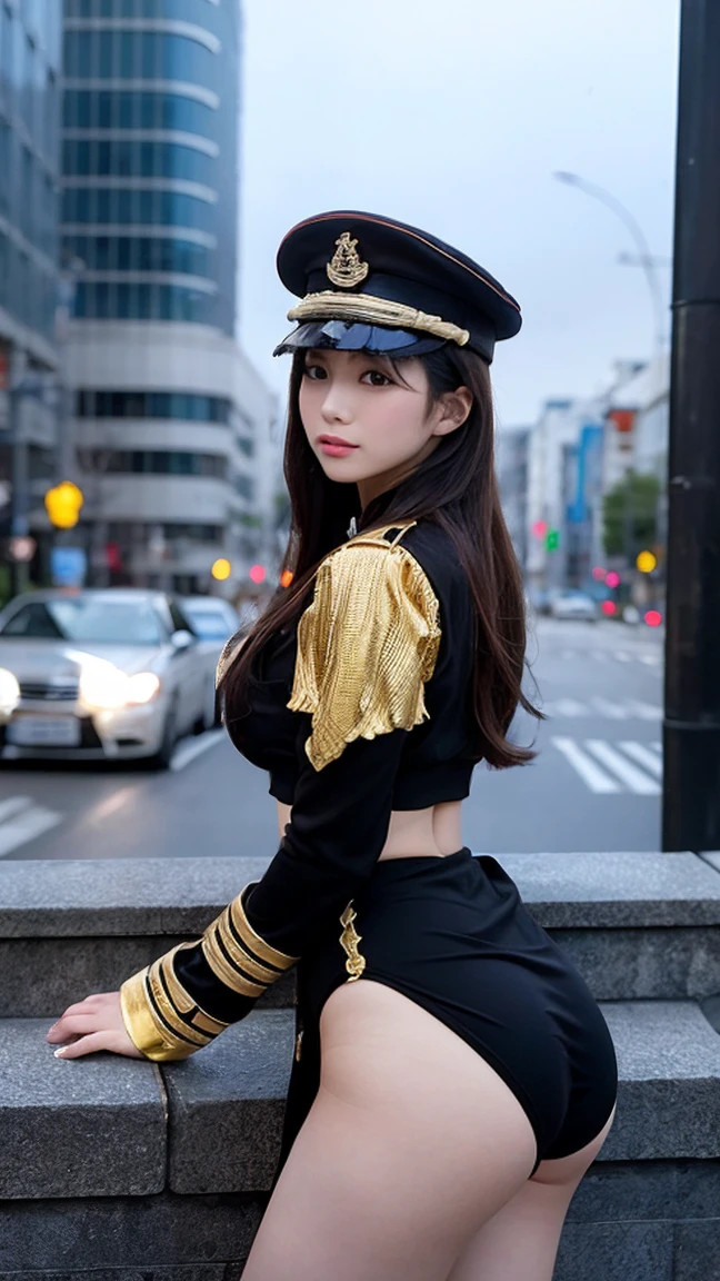 最high quality, masterpiece, 32k、Very detailed、Realistic、1 girl, Japanese women、Black and gold military uniformのコスチューム、High-grade, futuristic, sexy costume, Black and gold military uniform、US Army military uniform hat、Attractive K-pop idol-like outfits、Black and gold military uniform、class seal、Wears a black and gold military uniform hat(military officer uniform hat), Cute face, (photo Actual:1.3),Edge lighting, (Skin with attention to detail:1.2), 8K超High resolution, Single-lens reflex camera, high quality, High resolution, 4K, 8K, Optimal ratio of four fingers to one thumb, (Actual:1.3), cute 1 girl, Realistic、Super Realistic、32k、Very detailed、masterpiece, 最high quality, beautiful girl, beauty、Gorgeous girl, Big Tits、Big Breasts、Big Ass, Narrow waist, Leg spread, Plenty of facial detail, City of the Future, Super detailed, High resolution, masterpiece, high quality, High resolution, 