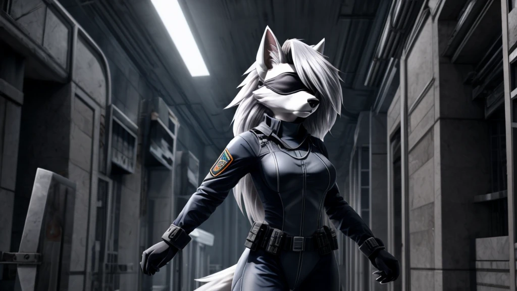 Loona from Helluva Boss, female white wolf, anthro, mature adult, fluffy short white hair, blindfold, white military combat bodysuit, she is blind, standing, serious, detailed, solo, beautiful, high quality, 4K