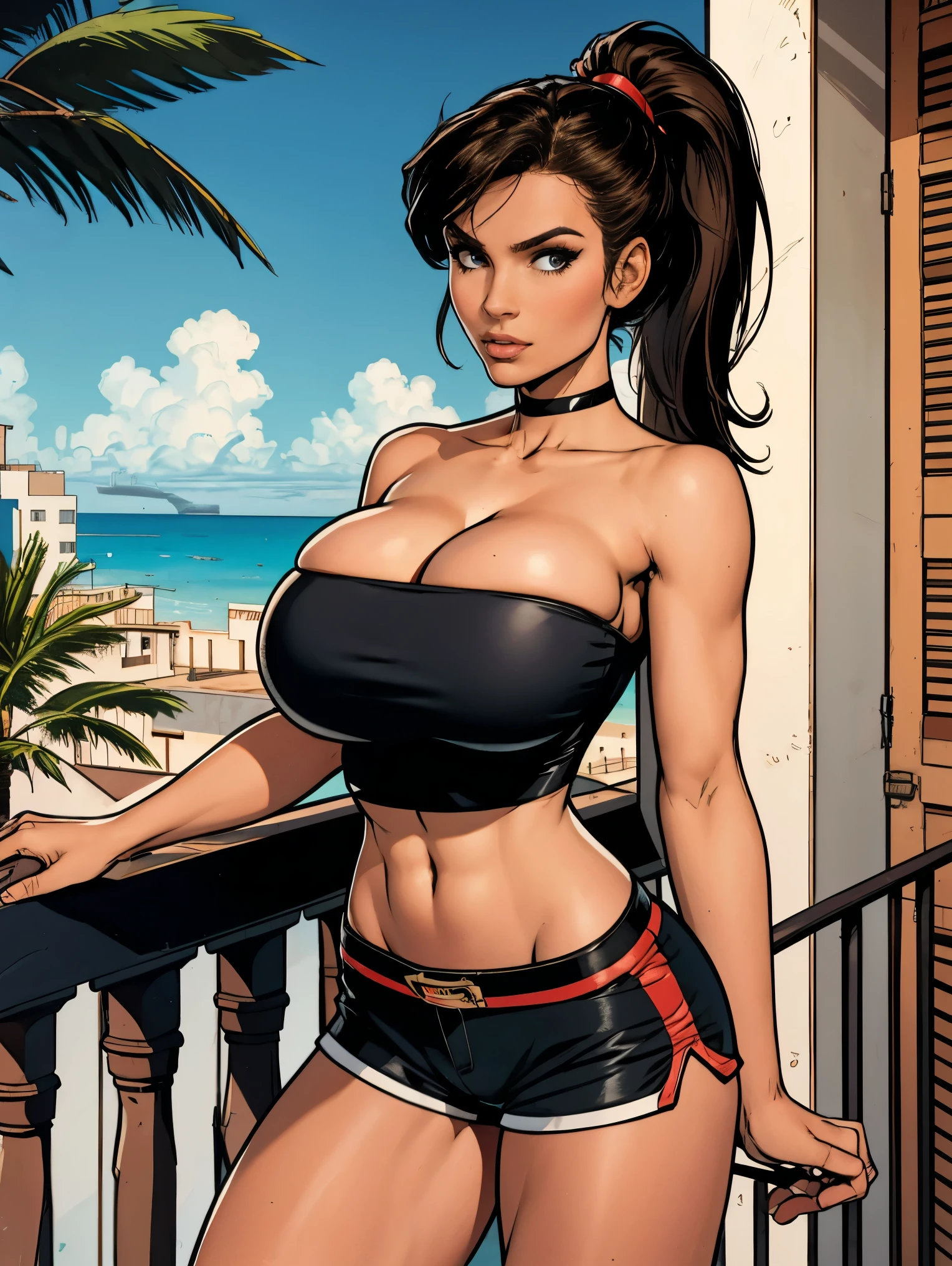 Extremely busty thin and toned brunette photographer, college girl, fair skin, huge ponytail, soft face, athletic, tiny red strapless tube top, black spandex mini shorts. Standing, balcony, palm trees.