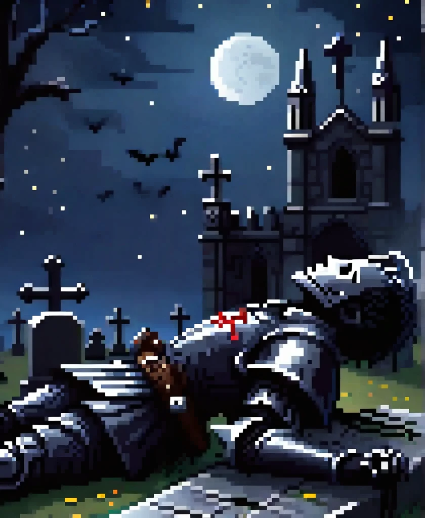 gothic black knight injured lying and raising his arm to the night sky in a cemetery