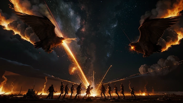 Majestic angels blow their trumpets, summoning the fated disasters: hail of fire, all-encompassing darkness, deadly plagues, cataclysmic war, and apocalyptic earthquakes.