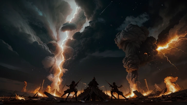 Majestic angels blow their trumpets, summoning the fated disasters: hail of fire, all-encompassing darkness, deadly plagues, cataclysmic war, and apocalyptic earthquakes.