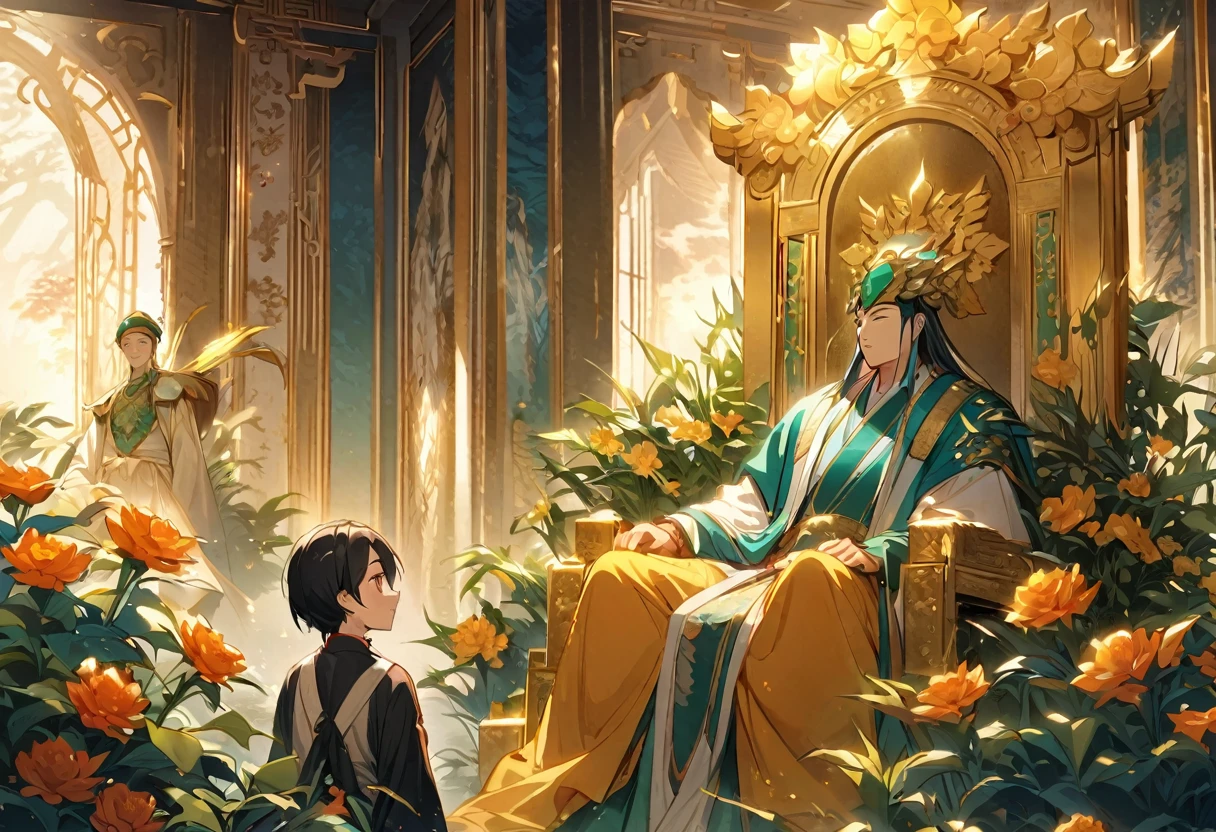show 2 people, a jade Emperor seated on a magnificent golden throne in the heavenly realm looks down to a young farmer who is in simple clothing stands respectfully before him , symbolizing the sacred nature of the encounter.