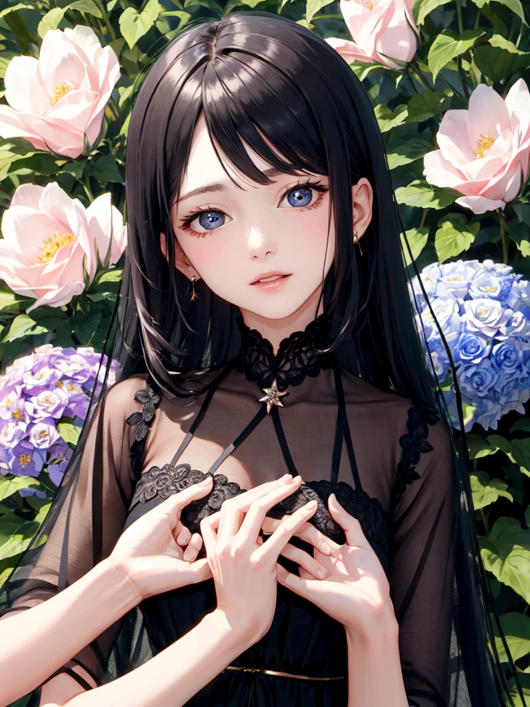 The combination of women and flowers,Colorful,a girl,There are many flowers on the body,Open your hands and face the camera,As if he had something to say