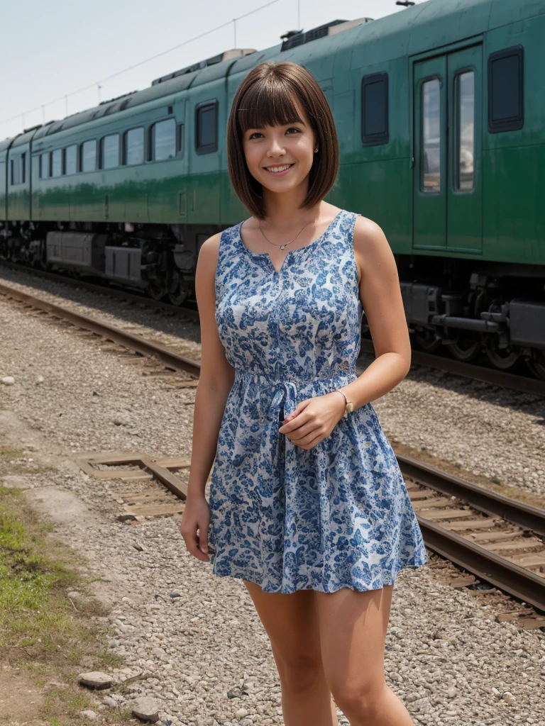 1girl, solo, realistic, her name is Cathlyn, she is a Caucasian brunette, 30 years old, mature face and body, smiling, short hair with bangs, chubby, wearing a printed dress outside Trans-Siberian Railway in Russia, (((wide shot))), short hair