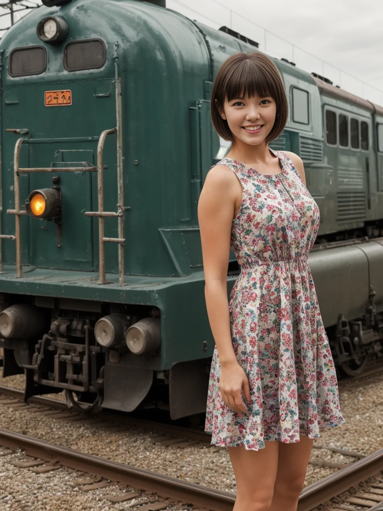 1girl, solo, realistic, her name is Cathlyn, she is a Caucasian brunette, 30 years old, mature face and body, smiling, short hair with bangs, chubby, wearing a printed dress outside Trans-Siberian Railway in Russia, (((wide shot))), short hair