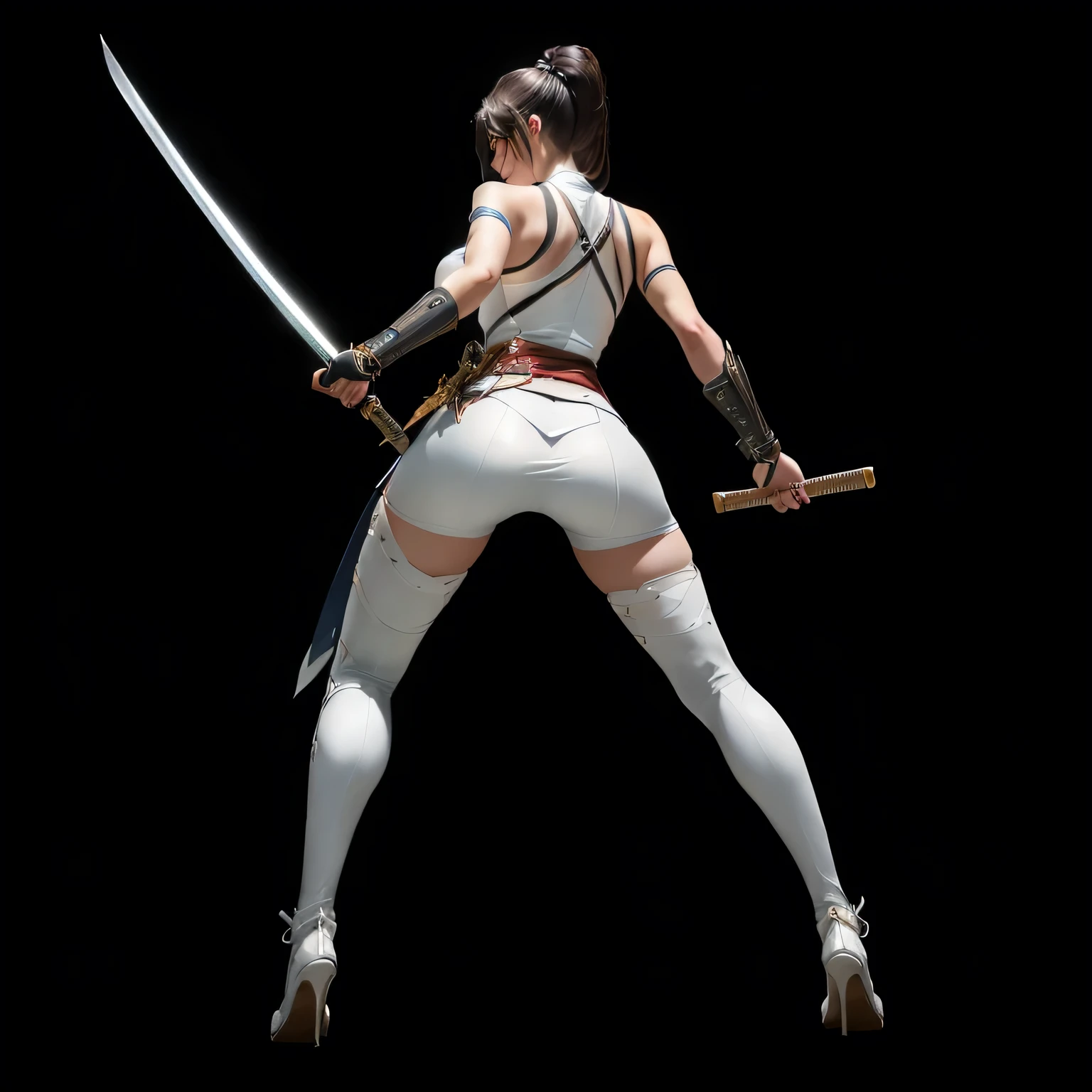 One was dressed in white、Close-up of woman holding sword, Katana Zero Video Game Character, Dramatic Katana Swinging Pose, Dramatic sword-wielding pose, White fashion photos, Sadistic Assassin, badass pose, Drawing her katana, Female Assassin, Fencing athlete, With a samurai sword strapped to his back, snake-head Female Assassin, sleek white armor，Pretty Face，high-definition，best quality，The most perfect hand，Very perky butt