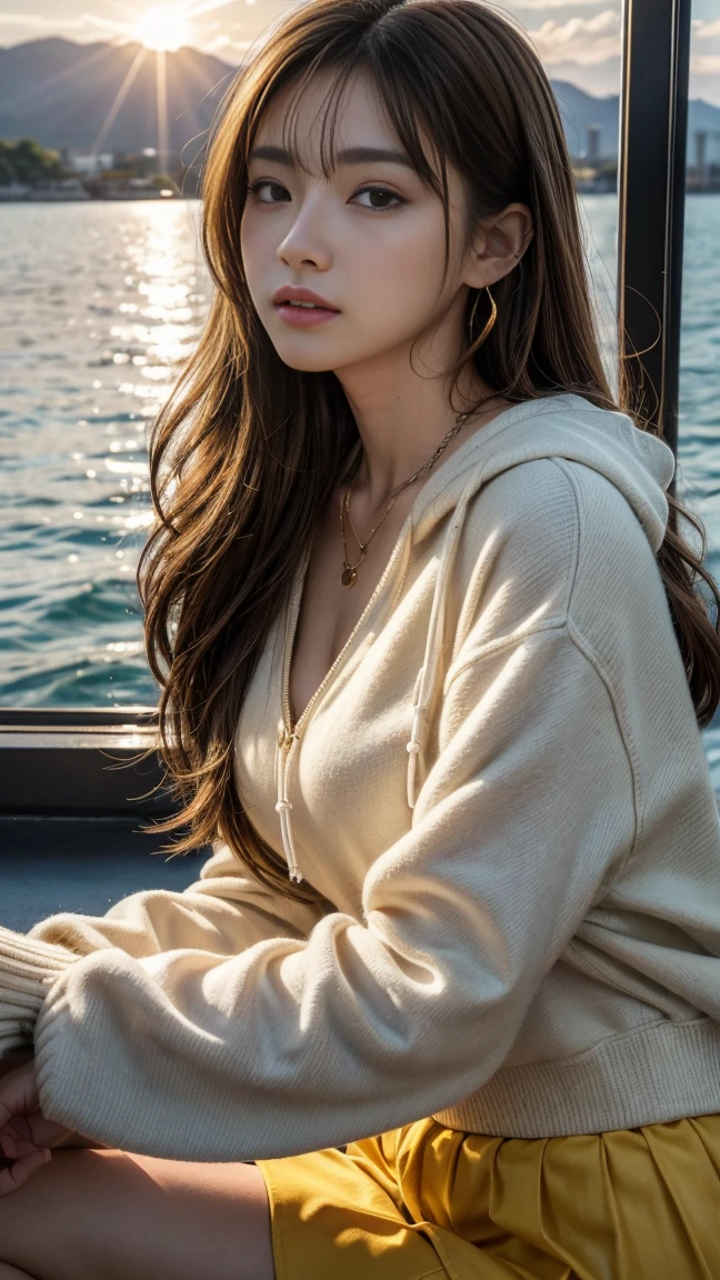 (masterpiece), (Highest quality), (Very detailed),(Disheveled Hair),(shape), Yellow hoodie、Food、Upper body close-up,Put your hand on your chin、Earrings、necklace、((85cm bust))、Midi flared skirt、 (Summer clothes), Are standing, Fashion Model, View your audience, (interview)Beautiful details, Delicate and beautiful face, floating,(High chroma),(Best lighting, Best Shadow,Yotto Harbor、Basking in the sunset、Sitting pose,