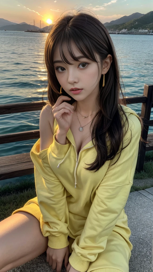 (masterpiece), (Highest quality), (Very detailed),(Disheveled Hair),(shape), Yellow hoodie、Food、Upper body close-up,Put your hand on your chin、Earrings、necklace、((85cm bust))、Midi flared skirt、  (Summer clothes), Are standing, Fashion Model, View your audience, (interview)Beautiful details, Delicate and beautiful face, floating,(High chroma),(Best lighting, Best Shadow,Yotto Harbor、Basking in the sunset、Sitting pose, 