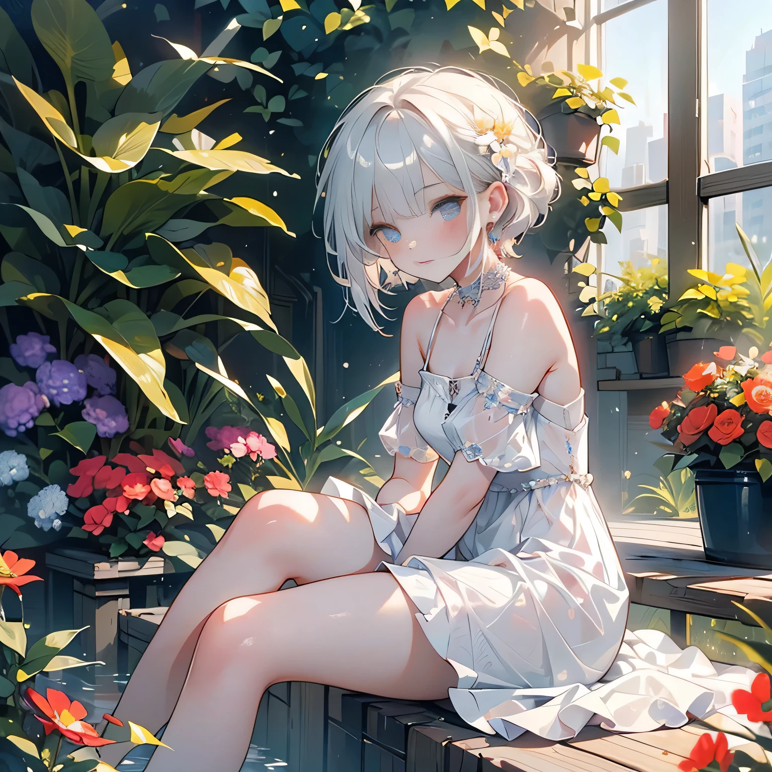 ((masterpiece:1.4, best quality)), ((masterpiece, best quality)),beautiful pixie cut silver blonde hair,little cute   girl,full body, sitting in the sun,taking a nap, ((elegant summer mini dress)), white beautiful elegant hat,very cute,cute eyes,cinematic lighting and pause,beautiful flower park
