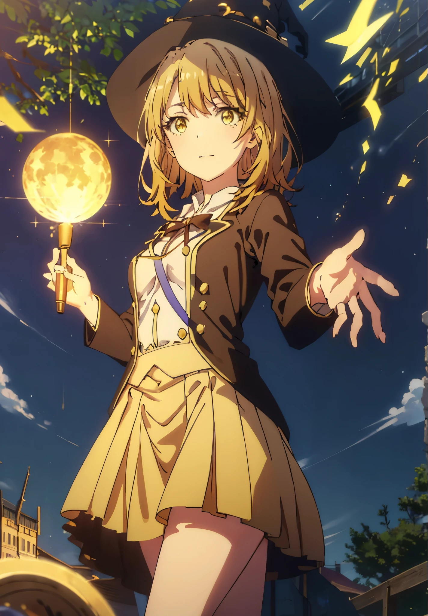 Irohaisshiki, isshiki iroha, Short Hair, Brown Hair, (Brown eyes:1.5), smile,((Night Sky)),((Big full moon)),((Sparkling and colorful stars)),Fluffy hair,((Idol style costume with soft volume)),Long skirt,Pointed shoes,Possessing a jeweled magic wand grip in his right hand,((witch)),Rubik&#39;s Square,So that the whole body goes into the illustration,
break outdoors, forest,forest
break looking at viewer,
break (masterpiece:1.2), Highest quality, High resolution, unity 8k wallpaper, (shape:0.8), (Narrow and beautiful eyes:1.6), Highly detailed face, Perfect lighting, Highly detailed CG, (Perfect hands, Perfect Anatomy),