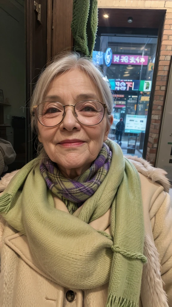work of art, best qualityer, An old woman with glasses and a scarf, wearing a purple coat and green scarf, stopped not park