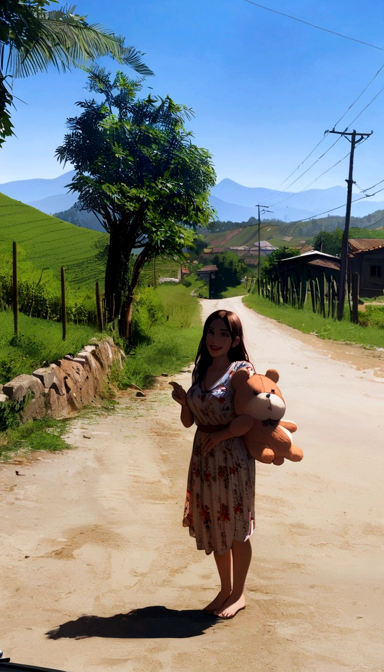 araffe woman standing on the dirt road with a teddy bear, the rural areas, stopped on the road, hills in the background, in a village street, Julia Fontes, carla ortiz, with mountains in the background, staying bravely on the road, in a village, by Ceferí Olive, with village, photo taken in 2 0 2 0, fernanda suarez