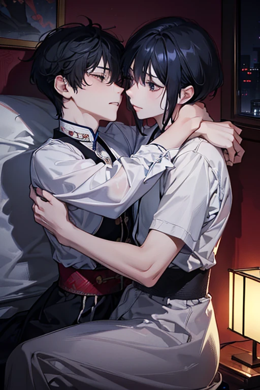 キスをする2人ofゲイof男of子, Shoulders and neck, Sweaty, hot, hug, Sexy, of, , Stayed, bedroom, bed, in bed, Dark Room, lamp, Lie, Face to face,NSFW,