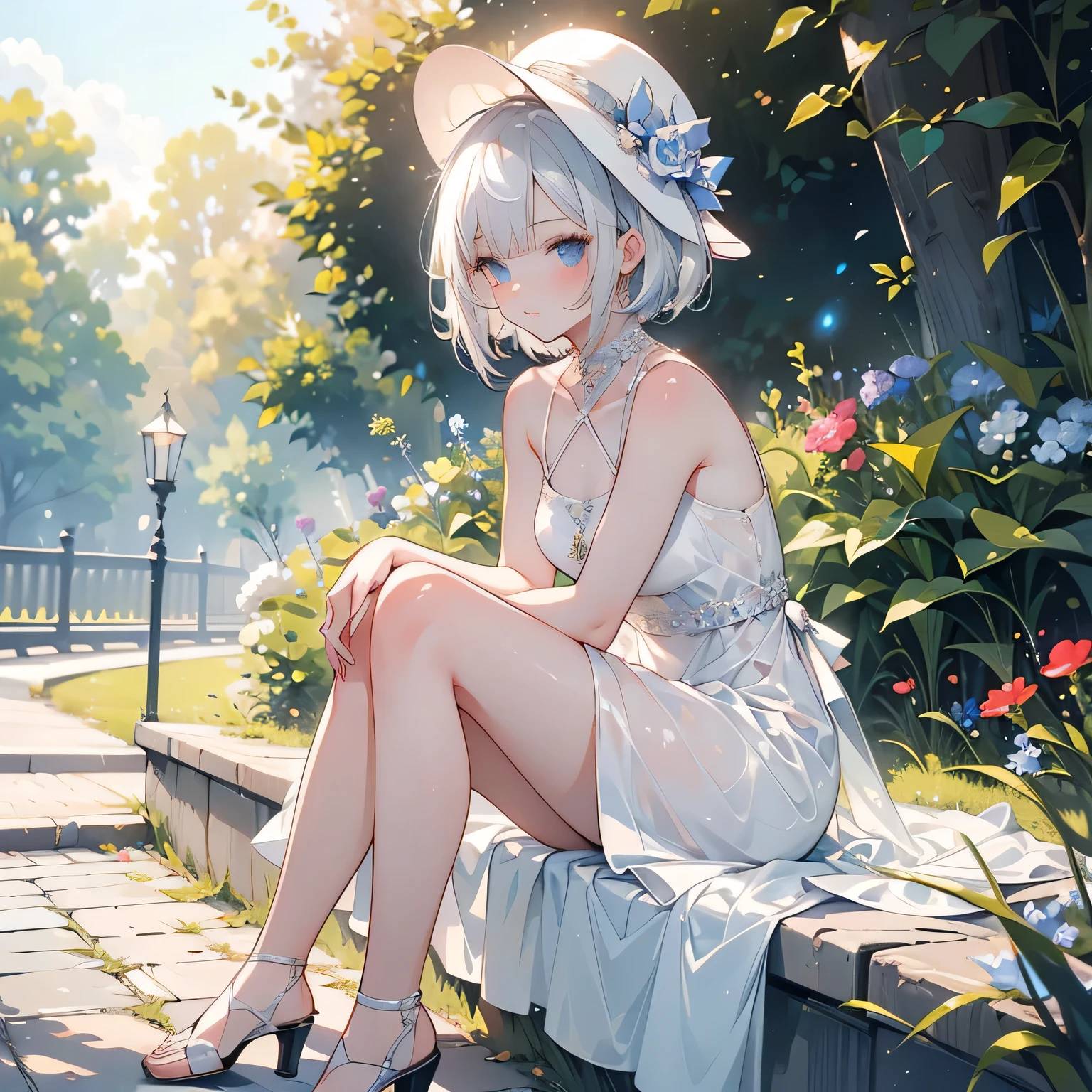 ((masterpiece:1.4, best quality)), ((masterpiece, best quality)),beautiful pixie cut silver blonde hair,little cute   girl,full body, sitting in the sun,taking a nap, ((elegant summer mini dress)), white beautiful elegant hat,very cute,cute eyes,cinematic lighting and pause,beautiful flower park