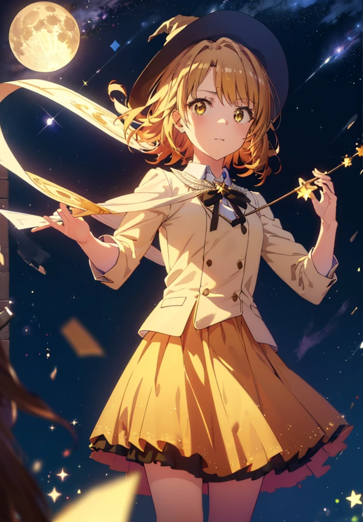 Irohaisshiki, isshiki iroha, Short Hair, Brown Hair, (Brown eyes:1.5), smile,((Night Sky)),((Big full moon)),((Sparkling and colorful stars)),Fluffy hair,((Idol style costume with soft volume)),Long skirt,Pointed shoes,Possessing a jeweled magic wand grip in his right hand,((witch)),Rubik&#39;s Square,So that the whole body goes into the illustration,
break outdoors, forest,forest
break looking at viewer,
break (masterpiece:1.2), Highest quality, High resolution, unity 8k wallpaper, (shape:0.8), (Narrow and beautiful eyes:1.6), Highly detailed face, Perfect lighting, Highly detailed CG, (Perfect hands, Perfect Anatomy),