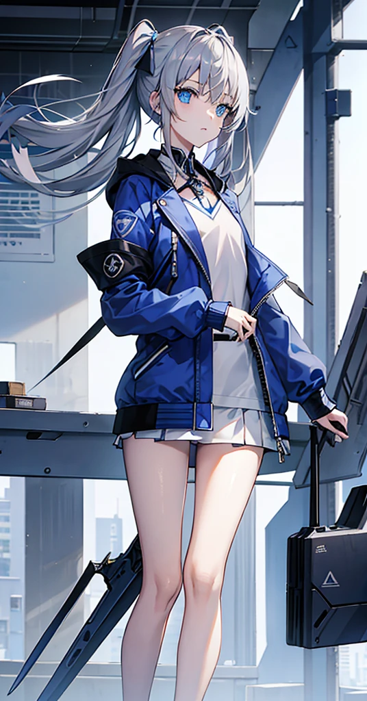 Girl,Gray Hair,Blue Eyes。Blue jacket and white long sleeves,Black miniskirt for lower body,Technology,flat chest,Holding a sickle,Airplane anthropomorphism。