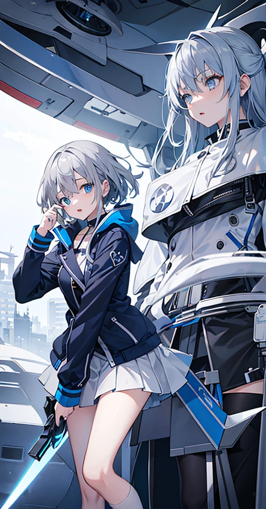 Girl，Gray Hair，Blue Eyes。Blue jacket and white long sleeves，Black miniskirt for lower body，Technology，flat chest，Holding a sickle，Airplane anthropomorphism。
