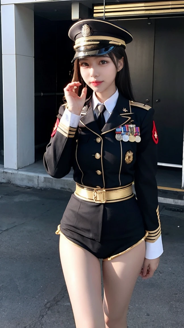 最high quality, masterpiece, 32k、Very detailed、Realistic、1 girl, Japanese women、Black and gold military uniformのコスチューム、High-grade, futuristic, sexy costume, Black and gold military uniform、US Army military uniform hat、Attractive K-pop idol-like outfits、Black and gold military uniform、class seal、Wears a black and gold military uniform hat(military officer uniform hat), Cute face, (photo Actual:1.3),Edge lighting, (Skin with attention to detail:1.2), 8K超High resolution, Single-lens reflex camera, high quality, High resolution, 4K, 8K, Optimal ratio of four fingers to one thumb, (Actual:1.3), cute 1 girl, Realistic、Super Realistic、32k、Very detailed、masterpiece, 最high quality, beautiful girl, beauty、Gorgeous girl, Medium chest、Big Ass, Narrow waist, Leg spread, Plenty of facial detail, City of the Future, Super detailed, High resolution, masterpiece, high quality, High resolution,