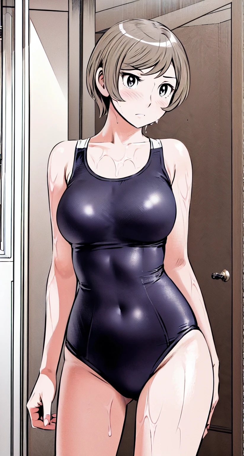 Blonde, (short hair:1.2)、((Illustration of a person))、Big Breasts、
View your viewers,, (Highest quality:1.3),blue eye star piece、Highest quality)、Highest quality, Ultra-high resolution, (((masterpiece))), alone, Sweat、Big eyes、Big Breasts、One Girl, Front view、Embarrassed face、Bronze colored hair、((short hair))、One Girl, alone, blush, Big Breasts,
Bare arms, Wet, Pool, 青いSchool Swimsuit, Thighs, Place your arms at your sides, Bare arms, Cowboy Shot, Are standing, School Swimsuit,bite、High Leg、mansuji