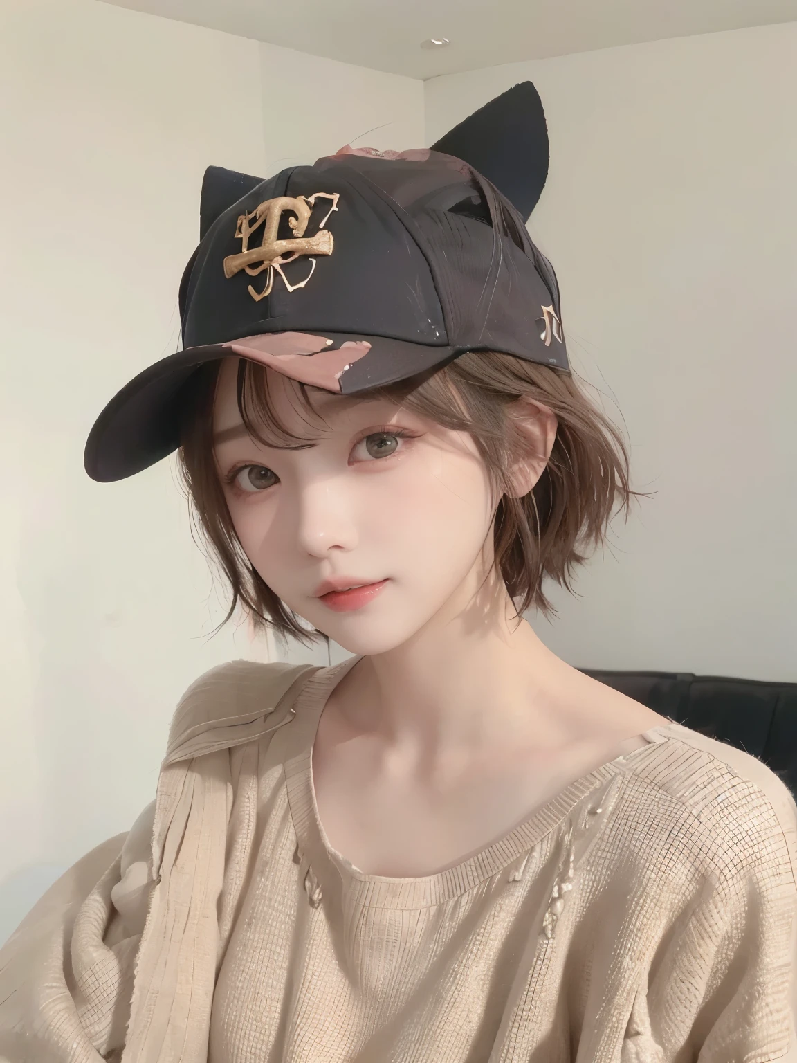 Best image quality、original photo、ultra high resolution、21 years old Korean、small breasts、dynamic angle、Cowboy shooting、The most beautiful form of chaos、elegant、Innovative design、bright colors、,light brown short hair、disheveled hair、light brown eyes 、black baseball cap(Facial expressionSmile)、short bob、Smile、Fair and shiny skin、beautiful eyes,random colors、The details are very beautiful、thin lips、Delicate and beautiful eyes、elongated eyes、Pale pink cheeks、long eyelashes、beautiful double eyelids、eye shadow、he、White Large T-shirt Sweatshirt、baggy pants、Shot from the side、sexy pose、enlarge