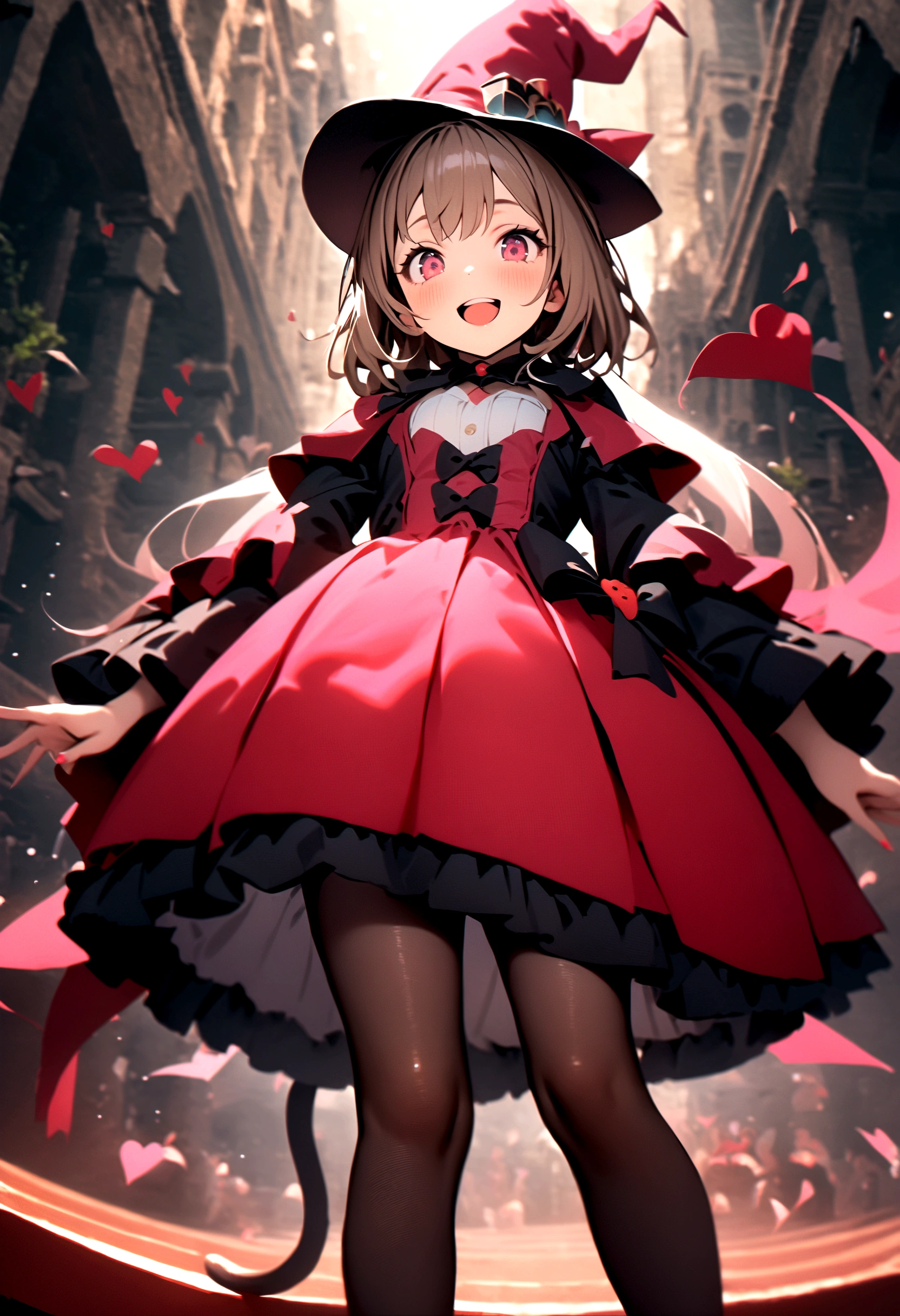 woman,((Lovely),beautiful eyes,make up,(Smile),open mouth,(Double tail),pink,night,masterpiece,high resolution,Surrealism,提high resolution,original photo,Best quality,Looking down at the audience,Little Witch