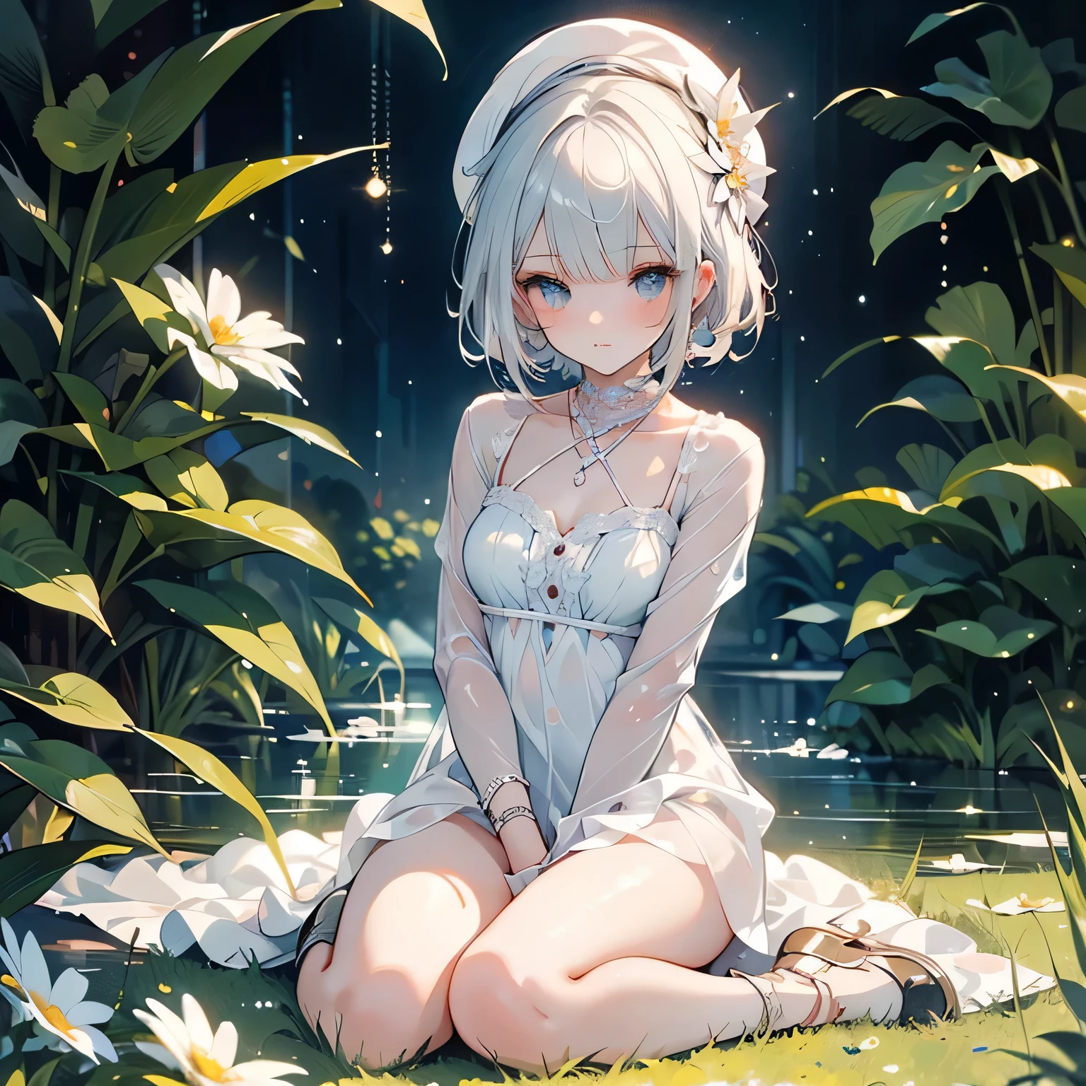((masterpiece:1.4, best quality)), ((masterpiece, best quality)),beautiful pixie cut silver blonde hair,little cute girl,full body, sitting in the sun,taking a nap, ((elegant summer mini dress)), white beautiful elegant hat,very cute,cute eyes,cinematic lighting and pause,beautiful flower park
