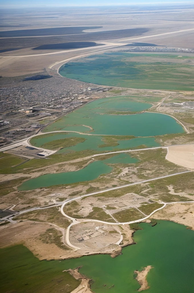 The middle of the picture is separated by a water ecological park,On one side is the dry and cracked earth without water