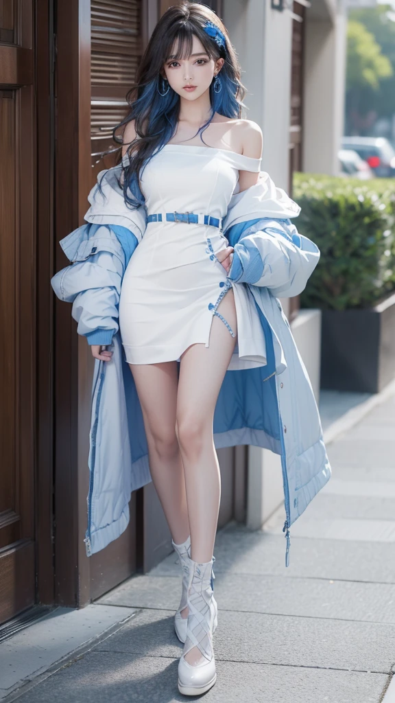 （street：1 blue-haired girl，get up，One word, one step+）， masterpiece， best quality， original photo， Realistically， Face， Incredibly ridiculous Resourcetra Long curly brown hair around the ears)，Eyeshadow，Technical clothing，(White off-the-shoulder over-the-knee dress)，White off-the-shoulder long dress，(White tight flats，Depth of Field， high resolution， Extremely detailed， Filigree， RAWE is very detailed， 眼睛和Face部的细节非常丰富， Sharp pupils， Realistic students， Lock focus， light，Full body female love，Large，The legs look very long from the front，Dynamic poses，Normal posture，Face部特写