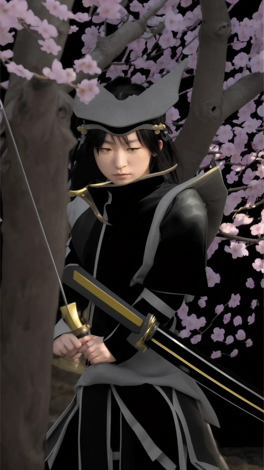 Create realistic versions of two characters wearing traditional samurai armor, standing under cherry blossom trees. The first character is dressed in golden samurai armor, holding a sword with a calm expression. The second character is in black samurai armor with green eyes, also holding a sword with a serious expression. The cherry blossoms are in full bloom, with petals gently falling around them, set against a serene night sky. The background should have detailed and realistic cherry blossom trees.