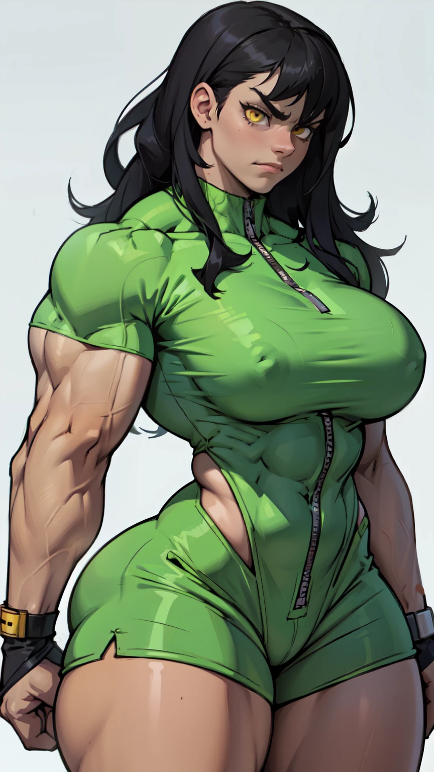 girl ((1girl)) pale skin (muscular) toned body thick thighs black hair yellow eyes long hair (grey background) bodybuilder frowning (tight romper) massive breasts thick thick thick thick thick