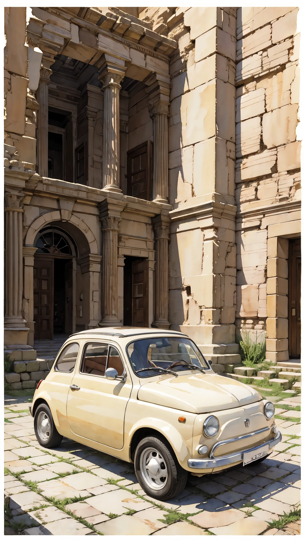 (masterpiece:1.2, Highest quality),(Very detailed),(((watercolor))),8K,wallpaper,Cream-colored Fiat 500,jordan,Petra Ruins,(((Ghibli style))),透明watercolor