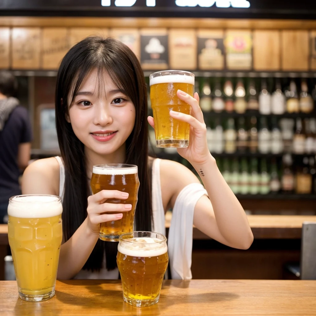Beer promotion flyer, 1 asian girl holding 2 glasses of beer