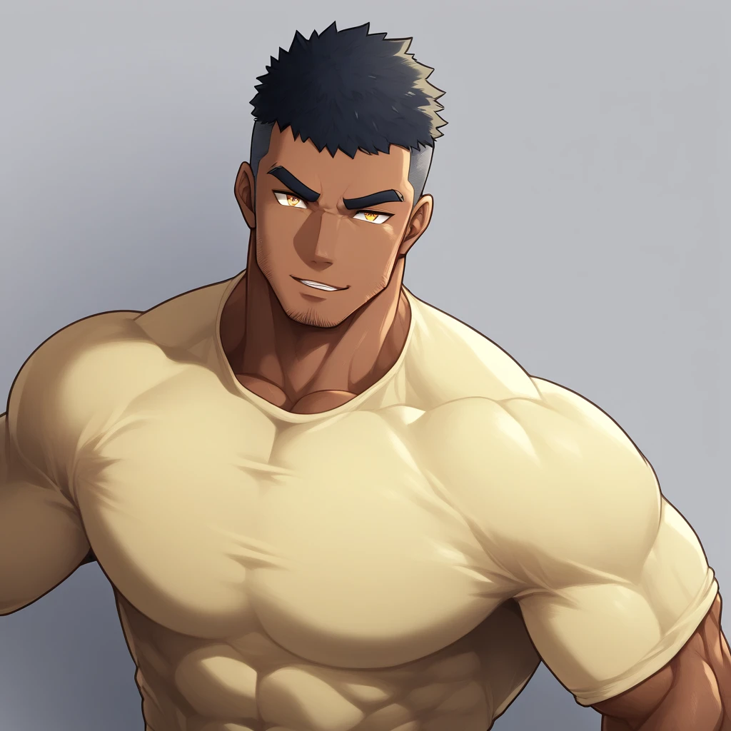 anime characters:Gyee, Muscle Sports Student, negro black skin, 1 muscular tough guy, Manliness, male focus, Light Yellow long sleeve tights, Very tight, The pectoral muscles are oversized, Slightly transparent, muscular male, muscular, only, Upper body, alone, Black short hair, Thick eyebrows, stubble, Yellow eyes, Grey background, simple background, amazing quality, best aesthetics, Ridiculous, bright pupils, crew cut, parted lips, seductive smile, torogao, naughty face, drop shadow, best quality