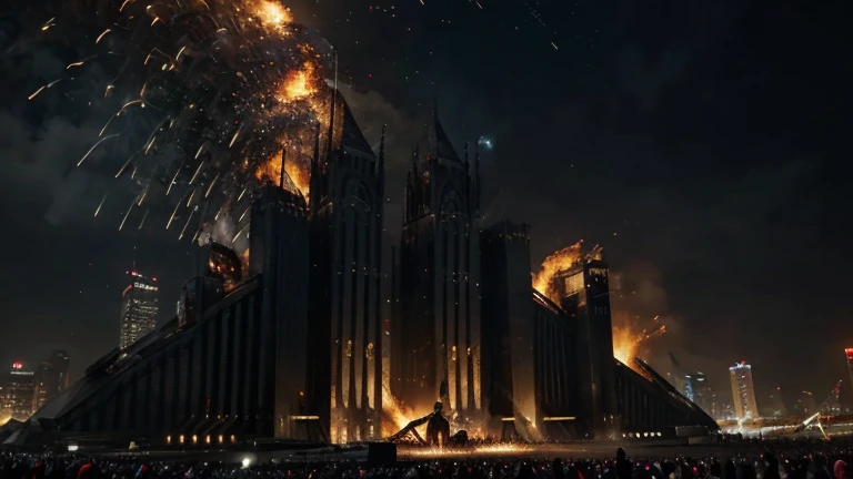 An imposing metropolis, a symbol of human corruption, collapses in flames, while the righteous celebrate God's victory over evil.