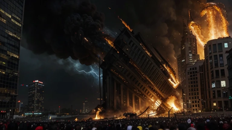 An imposing metropolis, a symbol of human corruption, collapses in flames, while the righteous celebrate God's victory over evil.