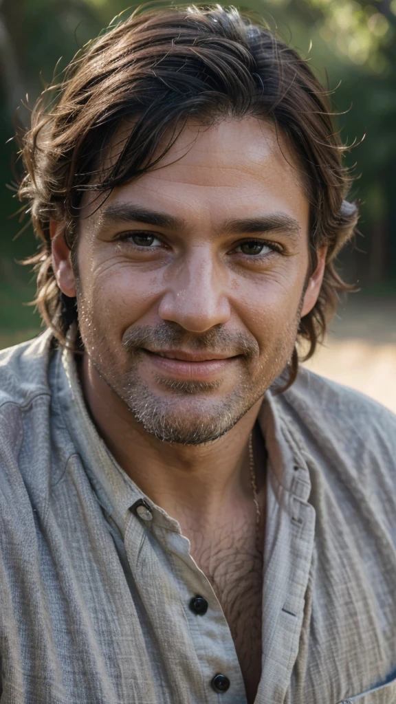 (best quality,4k,8k,highres,masterpiece:1.2),ultra-detailed,(realistic,photorealistic,photo-realistic:1.37),vivid colors,portraits,professional,father,loving eyes,strong jawline,grey hair and beard,crow's feet around eyes,wisdom,responsible,kind smile,gentle features,warm lighting,soft background,deep emotions,natural setting,deep connection,paternal love