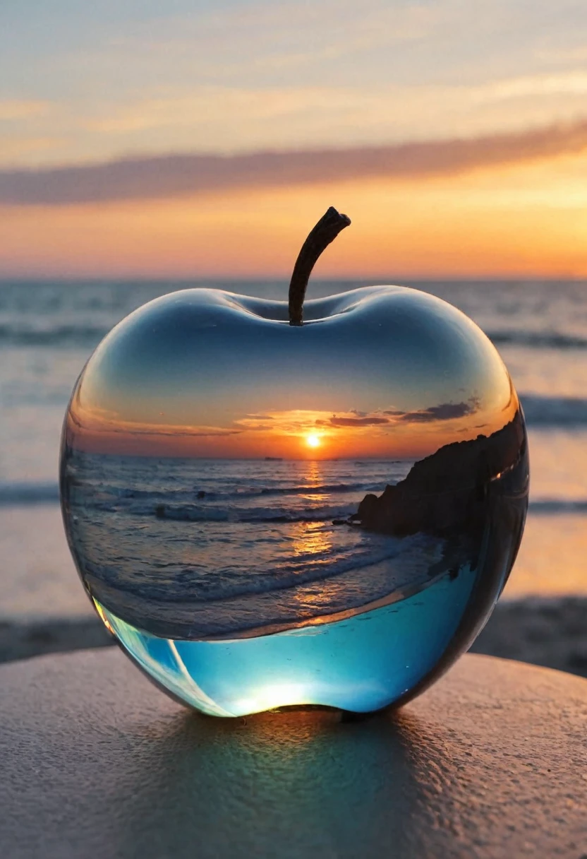 Glass apple in front of the sea, sundown, Very detailed, Professional Music Composition, Exquisite detail, Honest colors, 非常にwonderful, colorful, Cinematic, amazing, Sharp focus, elegant, Gorgeous, wonderful光, Charm, Futuristic, Fancy, wonderful, Surrounding Background, amazing, Magnificent and elaborate, Highest, wonderful, creative, dramatic, atmosphere, luxury, wonderful